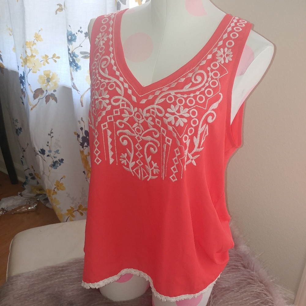 Xhilartion | summer neon vacation V neck zip back coral embroidered top XL - Picture 2 of 8